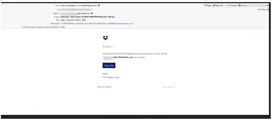 Dropboxを悪用したビジネスメール詐欺のメール例