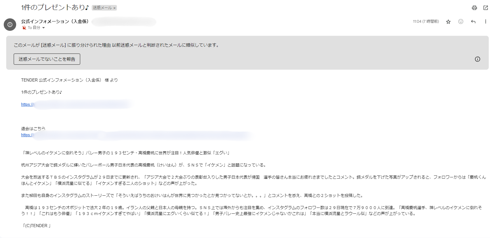 支援サイト テンダーの迷惑メール