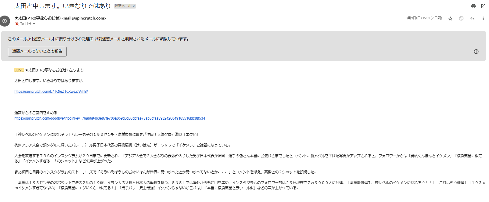支援サイト ラブリーから届く迷惑メール