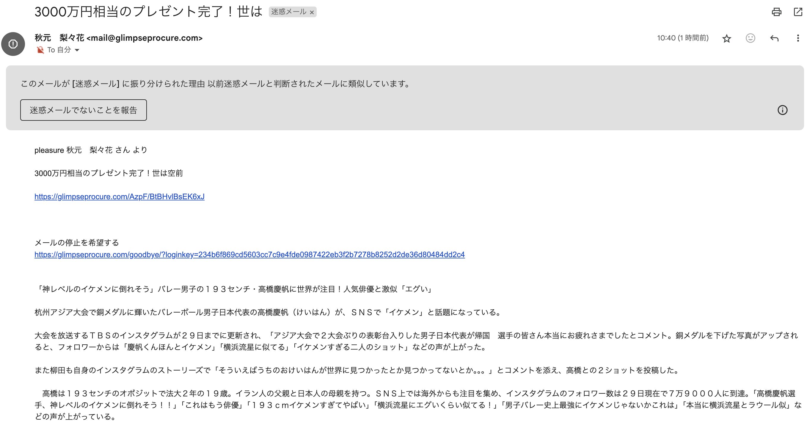 支援サイトpleasure（プレジャー）から届いた迷惑メール